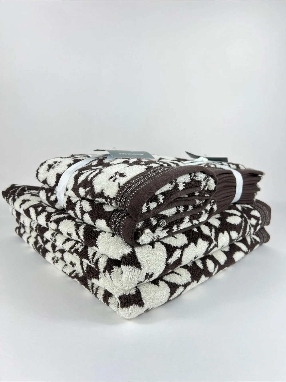 Loft by Loftex Bath Towel Set Bold Floral Brown Cream Soft 100% Cotton 8 Pc NEW